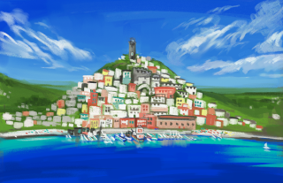 Concept art for a view of the city of Ordly, Adrien's hometown.